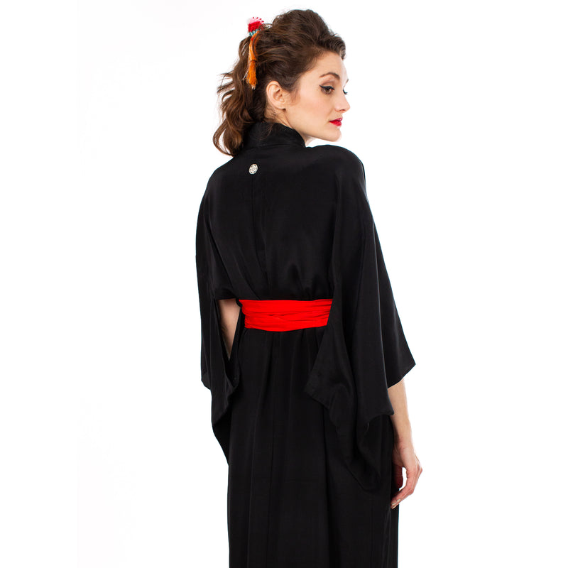 Black Sheer Silk Kimono with Red Crane Sash Iki Kimono NYC Black Sheer Silk Kimono with Red Crane Sash Iki Kimono NYC