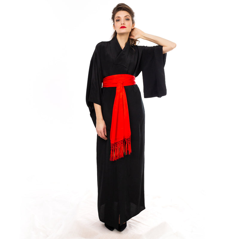Black Sheer Silk Kimono with Red Crane Sash Iki Kimono NYC Black Sheer Silk Kimono with Red Crane Sash Iki Kimono NYC
