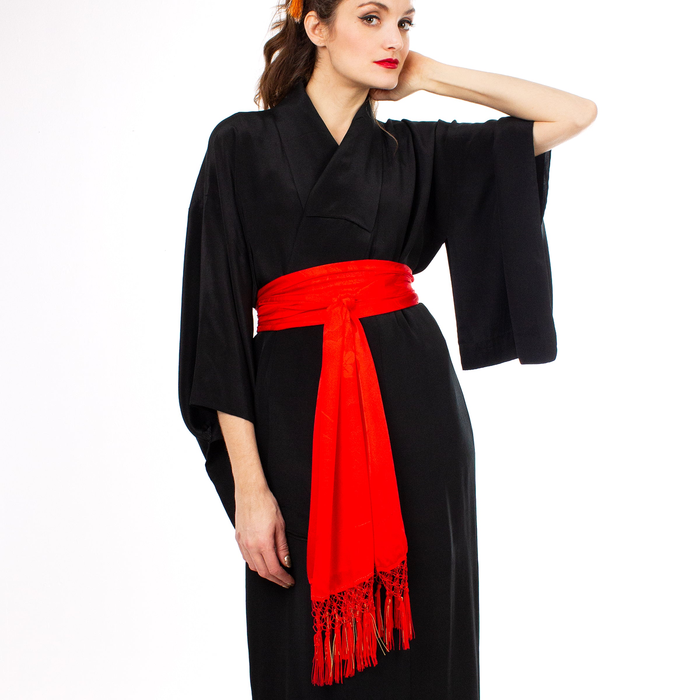 Black Sheer Silk Kimono with Red Crane Sash Iki Kimono NYC Black Sheer Silk Kimono with Red Crane Sash Iki Kimono NYC