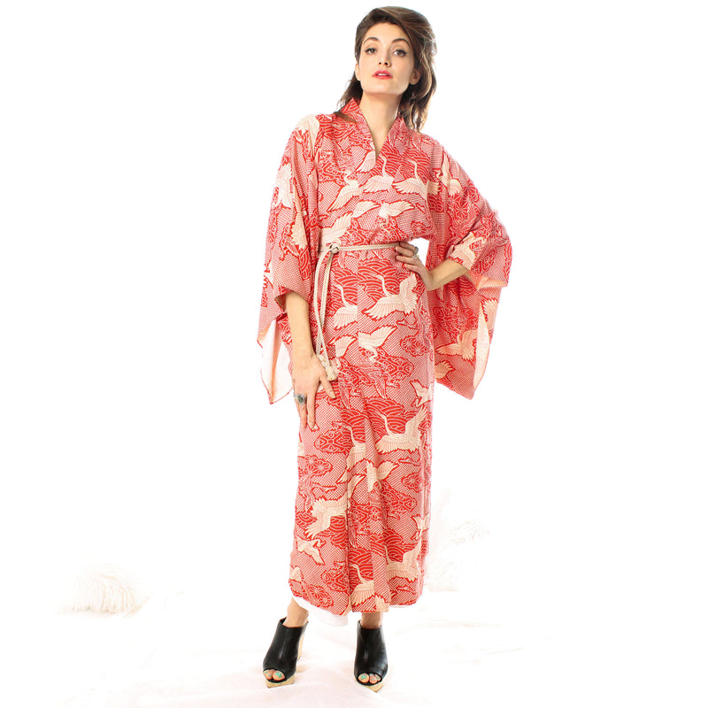 Red Cotton Crane Kimono