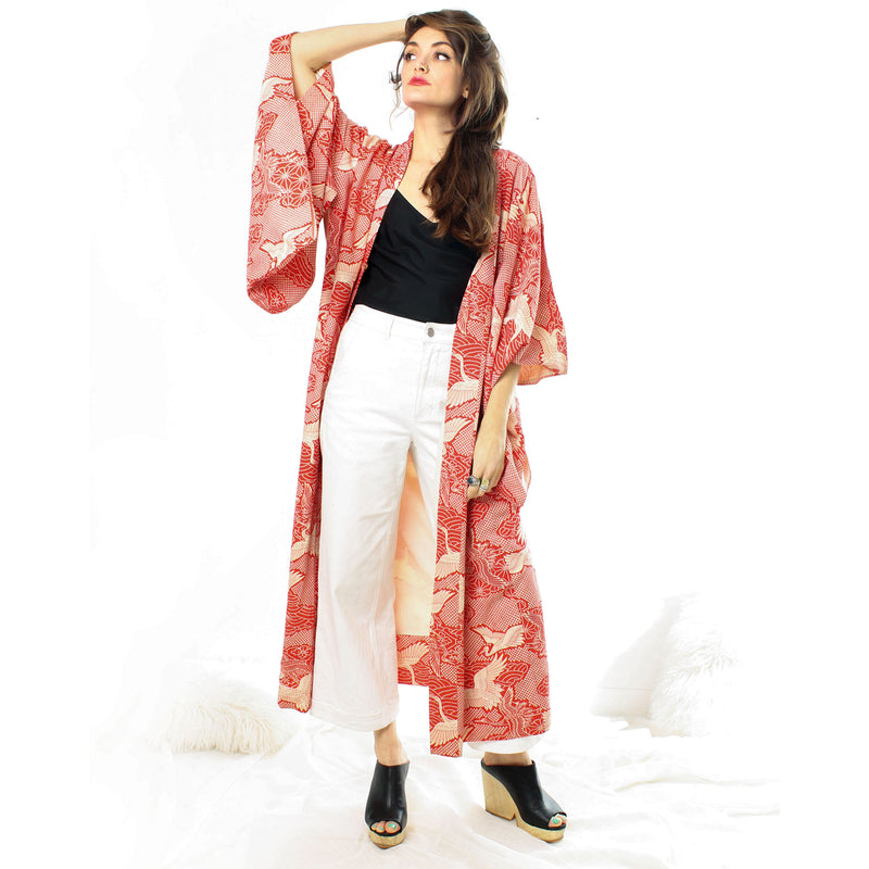 Red Cotton Crane Kimono