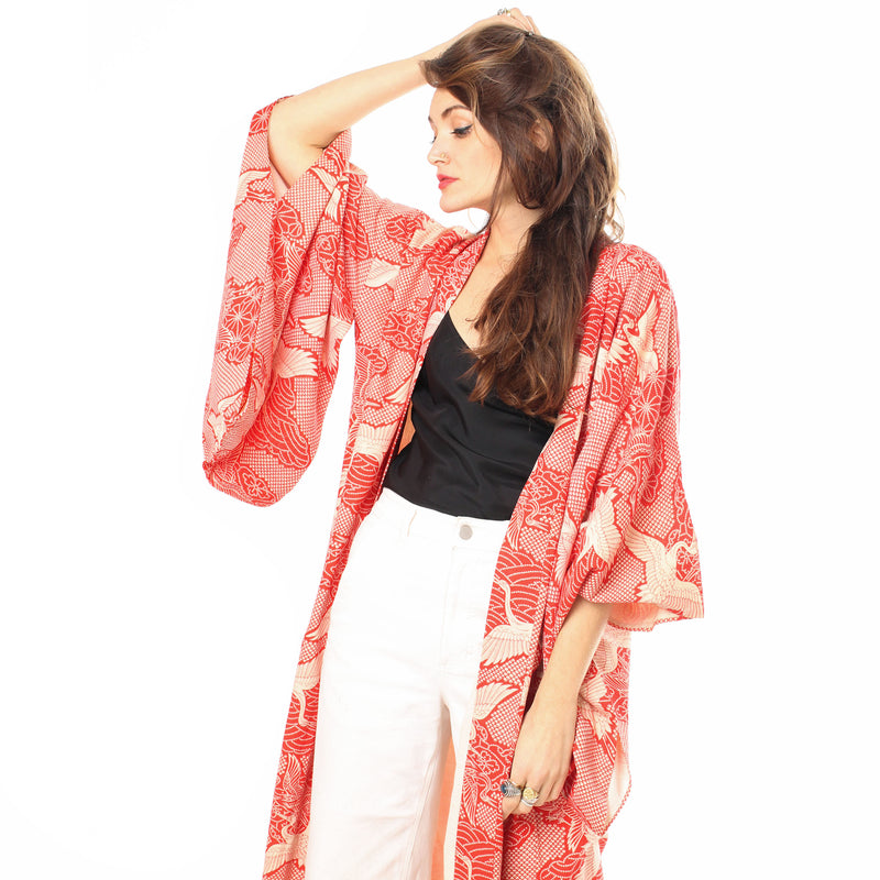 Red Cotton Crane Kimono