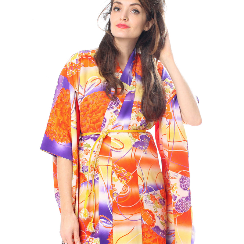 Orange Flowers & Fans Kimono