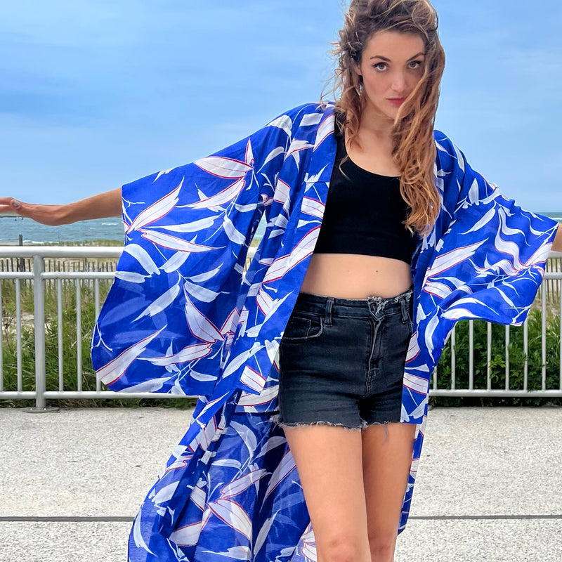 Bamboo Leaf Blue Summer Silk Kimono